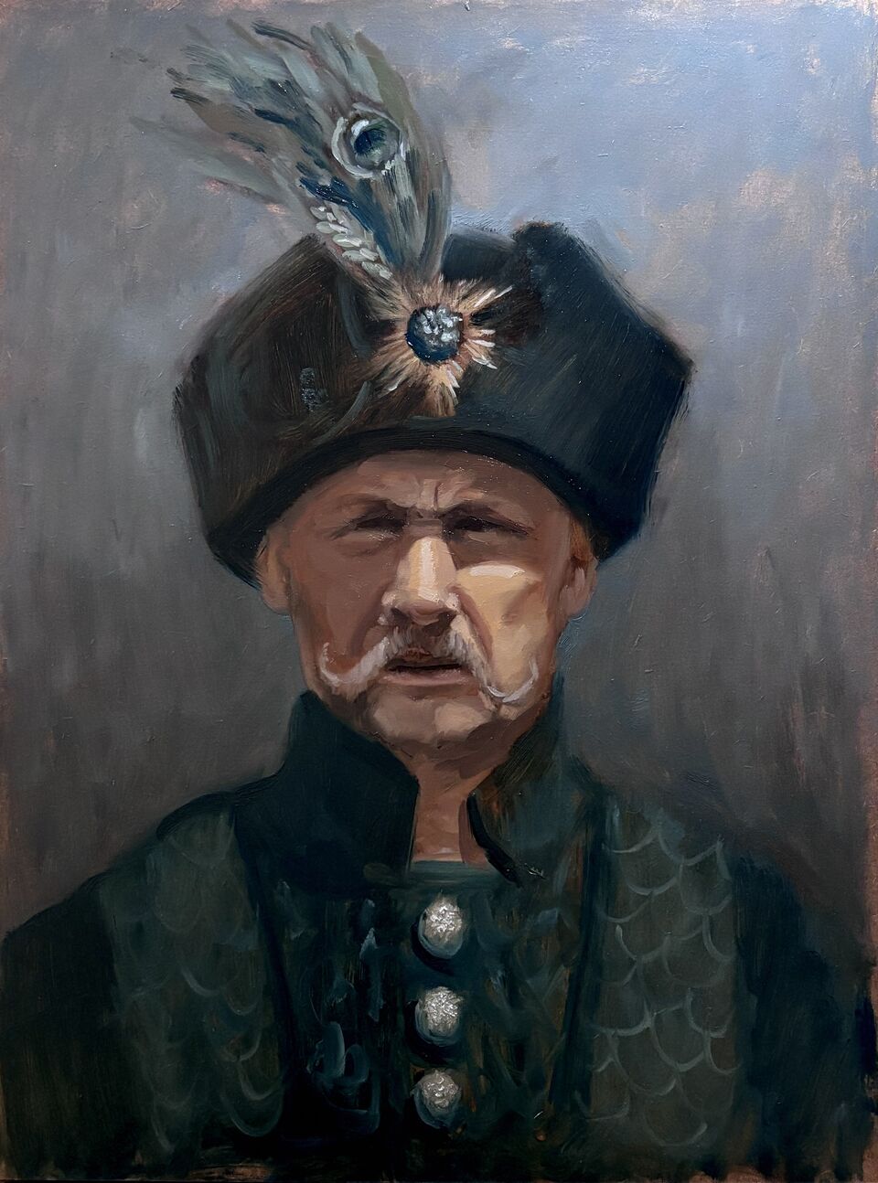 Study after photograph (Jan Pawel Adamczewski, Netflix). 30 × 40 cm. Oil on panel. 2026