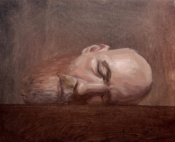 Self-portrait. 27 × 22 cm. Oil on panel. 2026