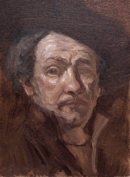 Study after Rembrandt. 18 × 24 cm. Oil on panel. 2026